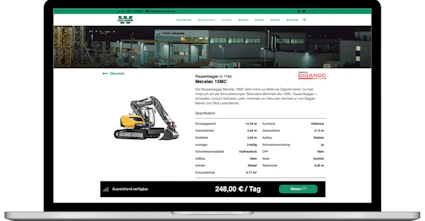 Notebook mit Vermieter Website von Hans Warner mit eingebundenem Digando Widget, Detailansicht Raupenbagger