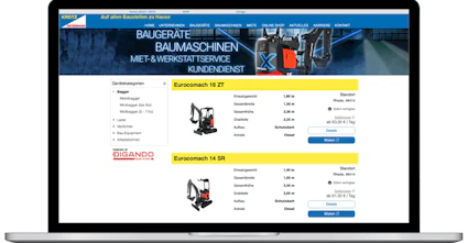 Notebook mit Vermieter Website von Kreitz & Ostermann mit eingebundenem Digando Widget, Listendarstellung Minibagger