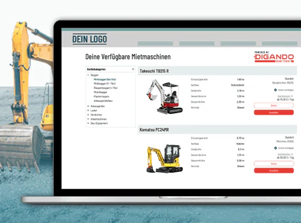 Drei Baumaschinen neben MacBook mit Digando-Widgets Mockup
